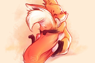little cute fox hugging his tail