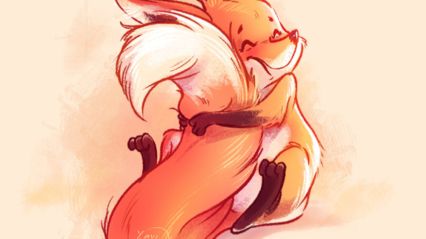 little cute fox hugging his tail